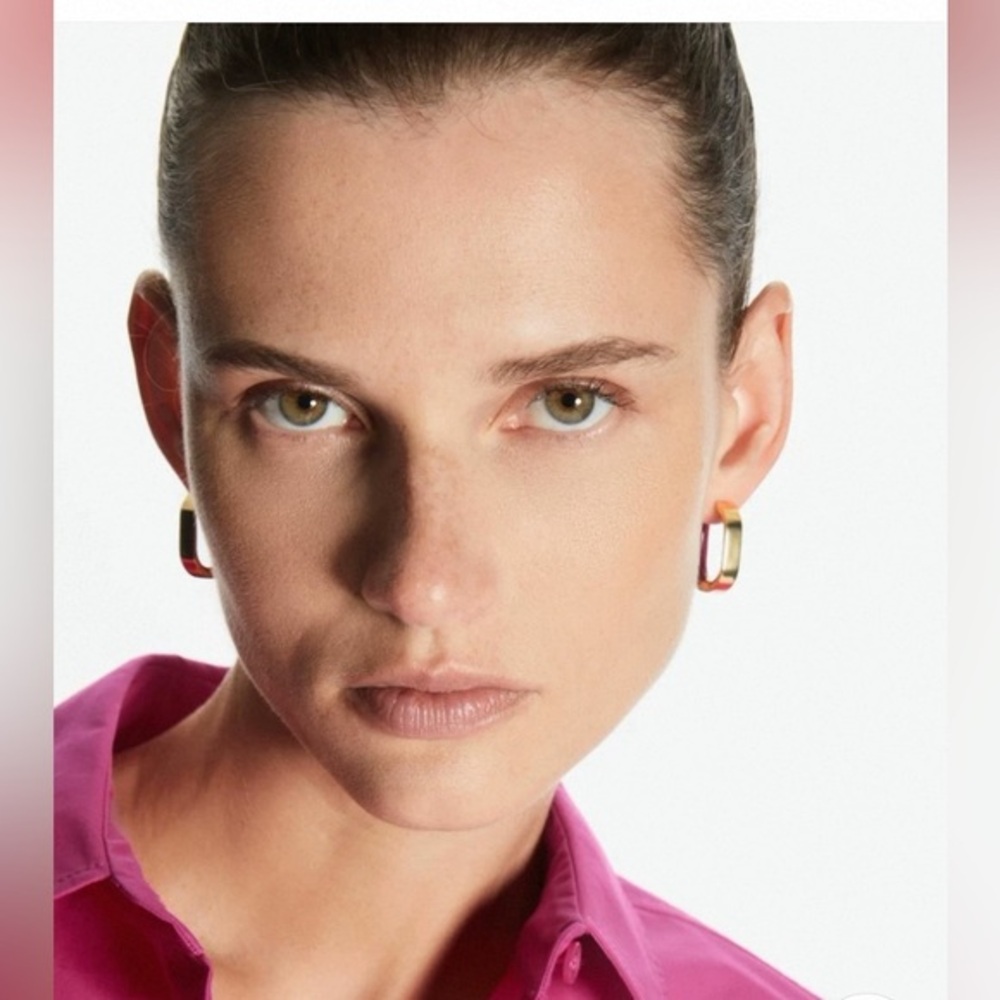 New COS Coated Oval Hoop Gold and Red Statement Earrings